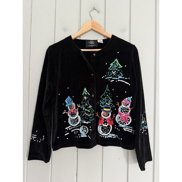 Michael Simon Christmas Black Velvet Cardigan Sweater S Snowman Sequins FLAW - Picture 1 of 5